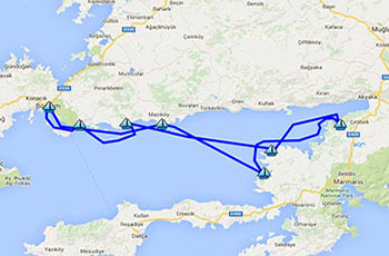 Carte de l'itinraire pour Golfe de Gokova, location privative de bateau, location de cabines,
www.barbarosyachting.com
